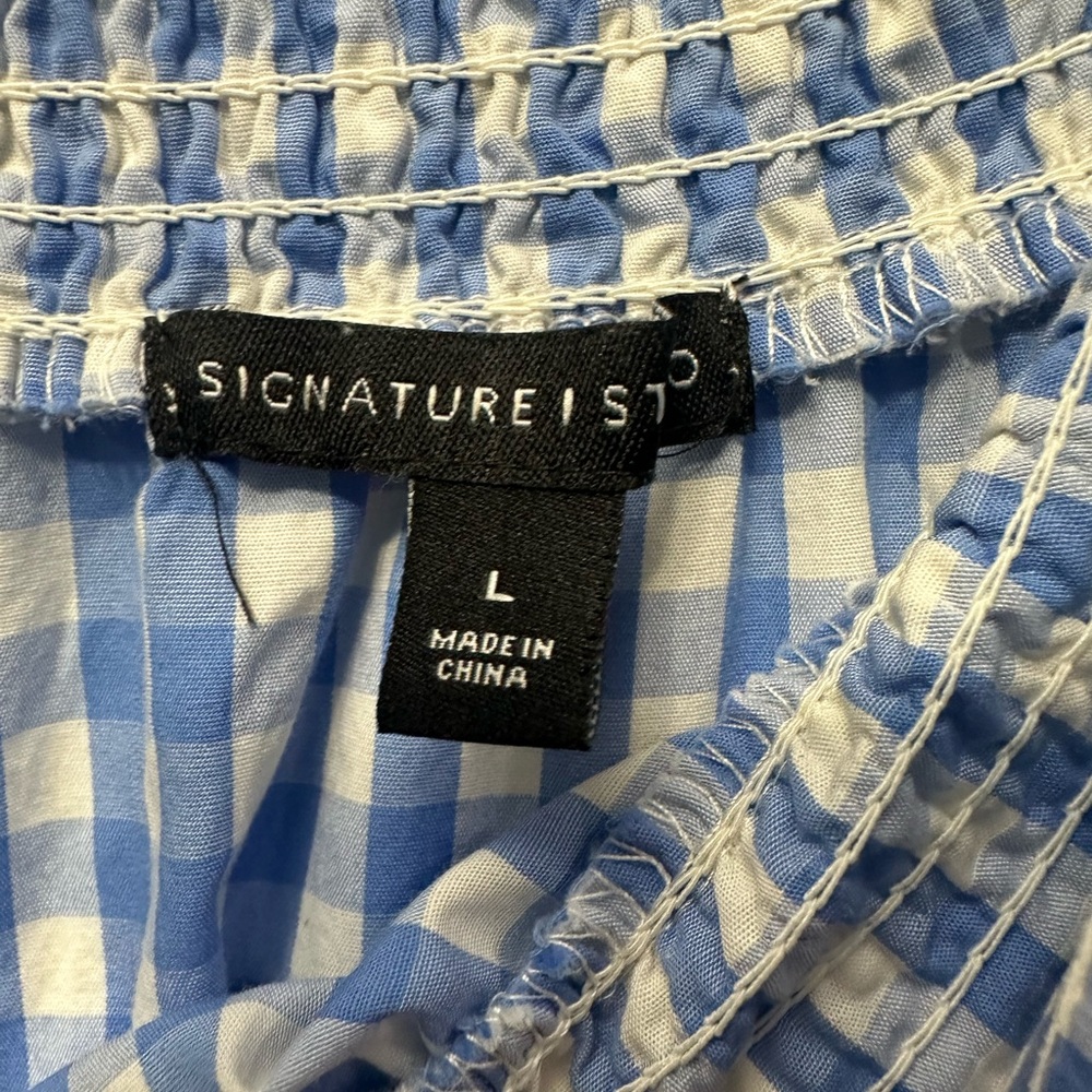 Signature Studio Blue and White Gingham Off-Shoulder Shirt - Picture 2 of 2